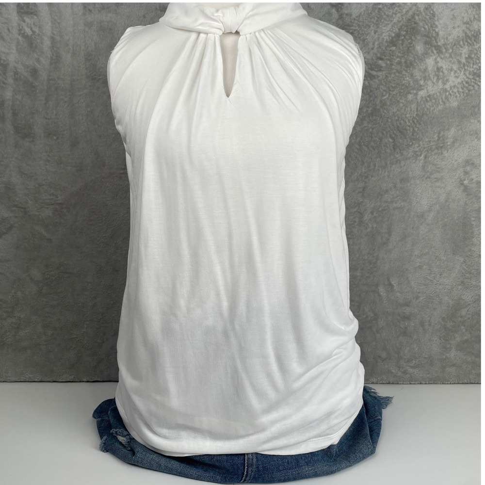 Cabi White Sleeveless Knotted High Neck Keyhole Blouse Rayon Knit Top 5756 Small